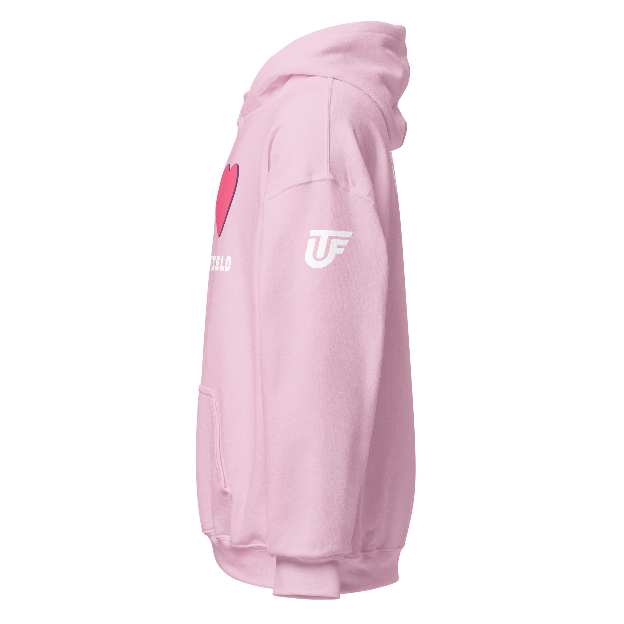 White hoodie with online pink writing